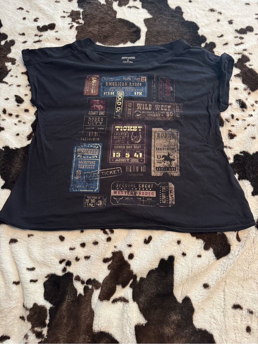 Shyanne Black Short Sleeve Tee with Multi-Color Ticket Graphic